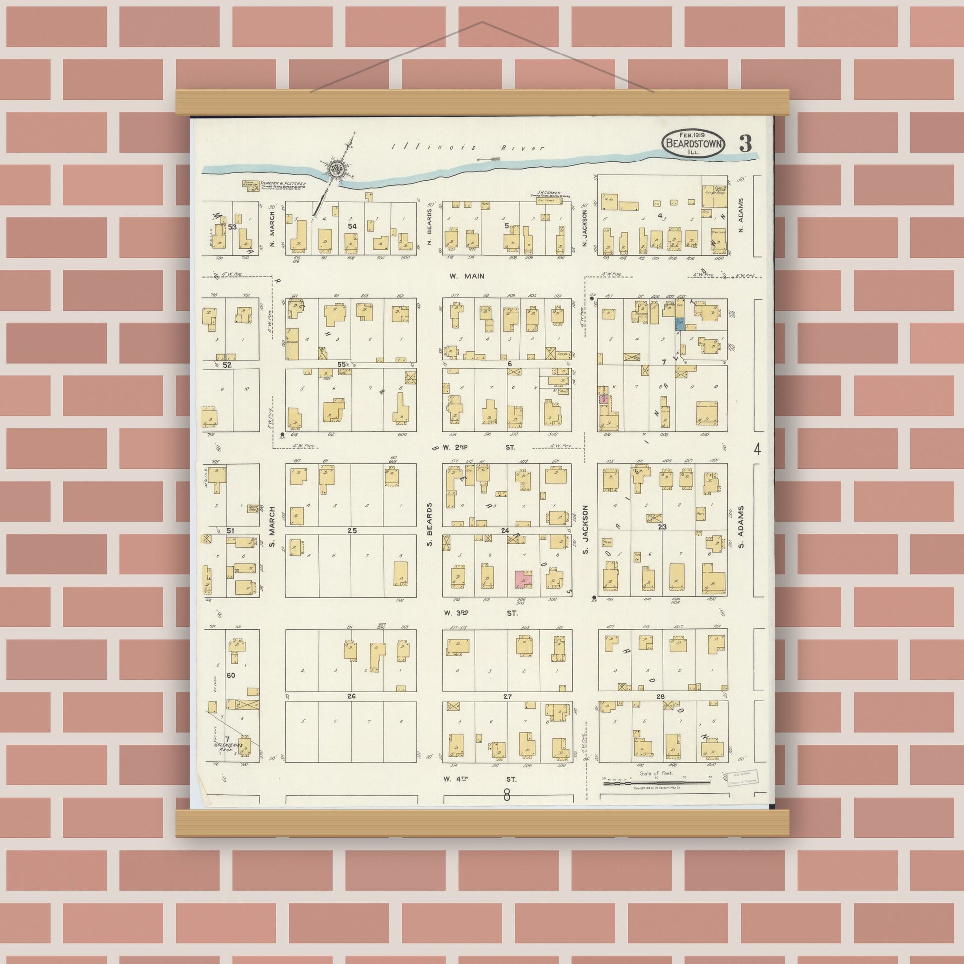Old map wall art mockup — magnetic wood frame on brick wall — Sanborn Fire Insurance Map from Beardstown, Cass County, Illinois (1919), Sheet #0003