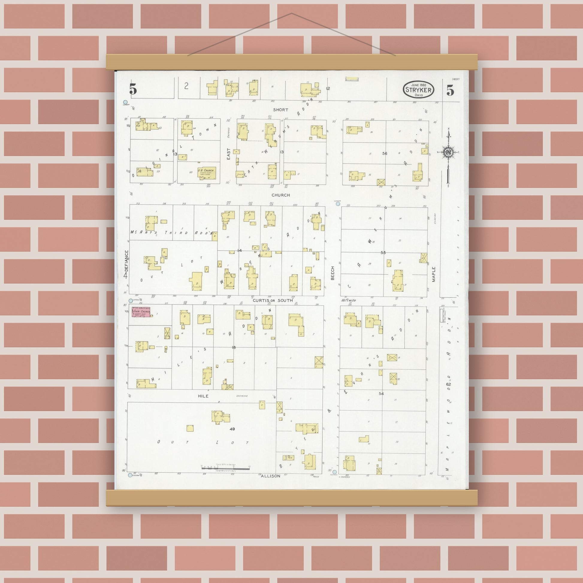 Old map wall art mockup — magnetic wood frame on brick wall — Sanborn Fire Insurance Map from Stryker, Williams County, Ohio (1930), Sheet #0005