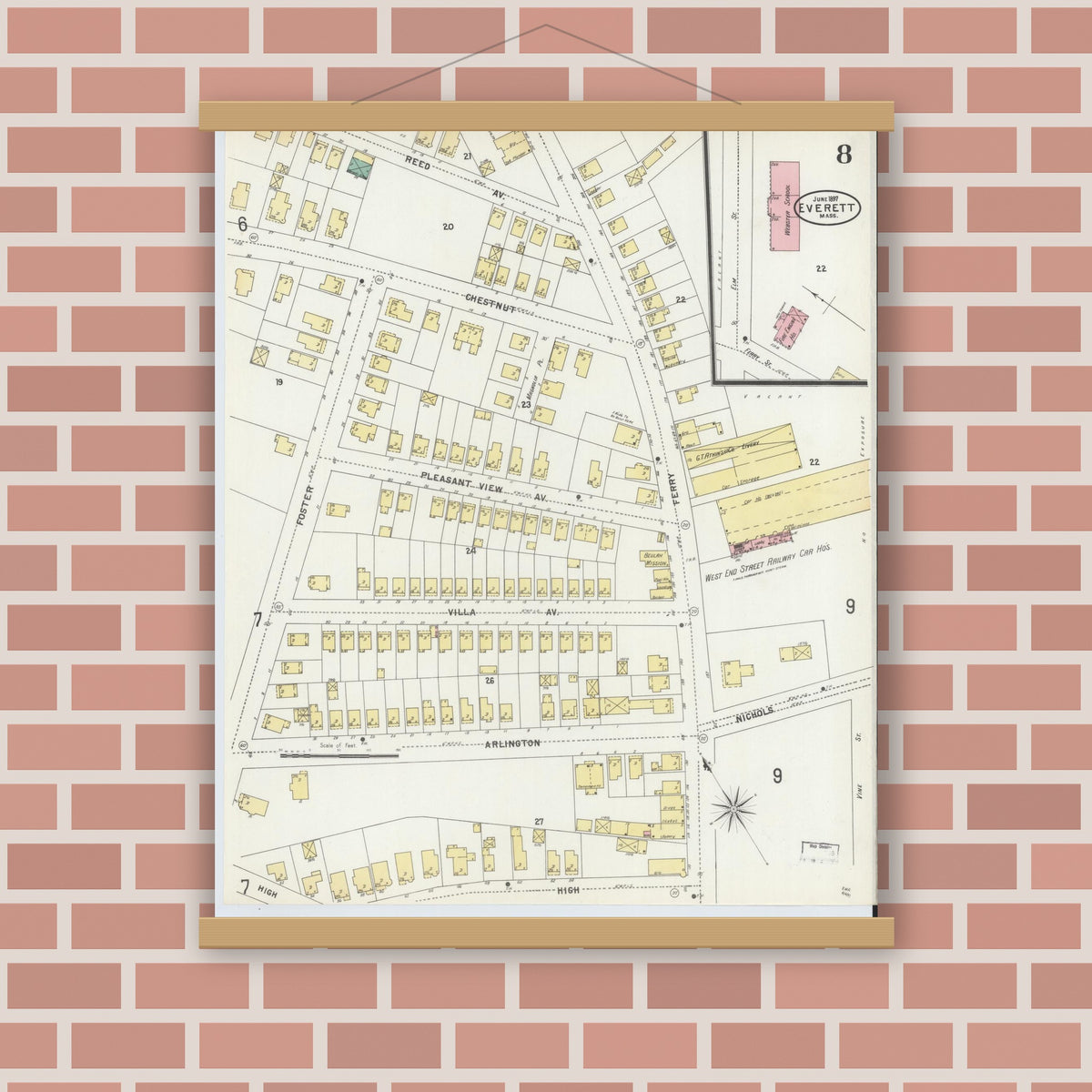 Old map wall art mockup — magnetic wood frame on brick wall — Sanborn Fire Insurance Map from Everett, Middlesex County, Massachusetts (1897), Sheet #0008