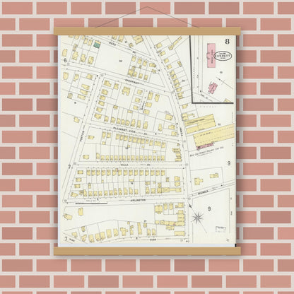 Old map wall art mockup — magnetic wood frame on brick wall — Sanborn Fire Insurance Map from Everett, Middlesex County, Massachusetts (1897), Sheet #0008