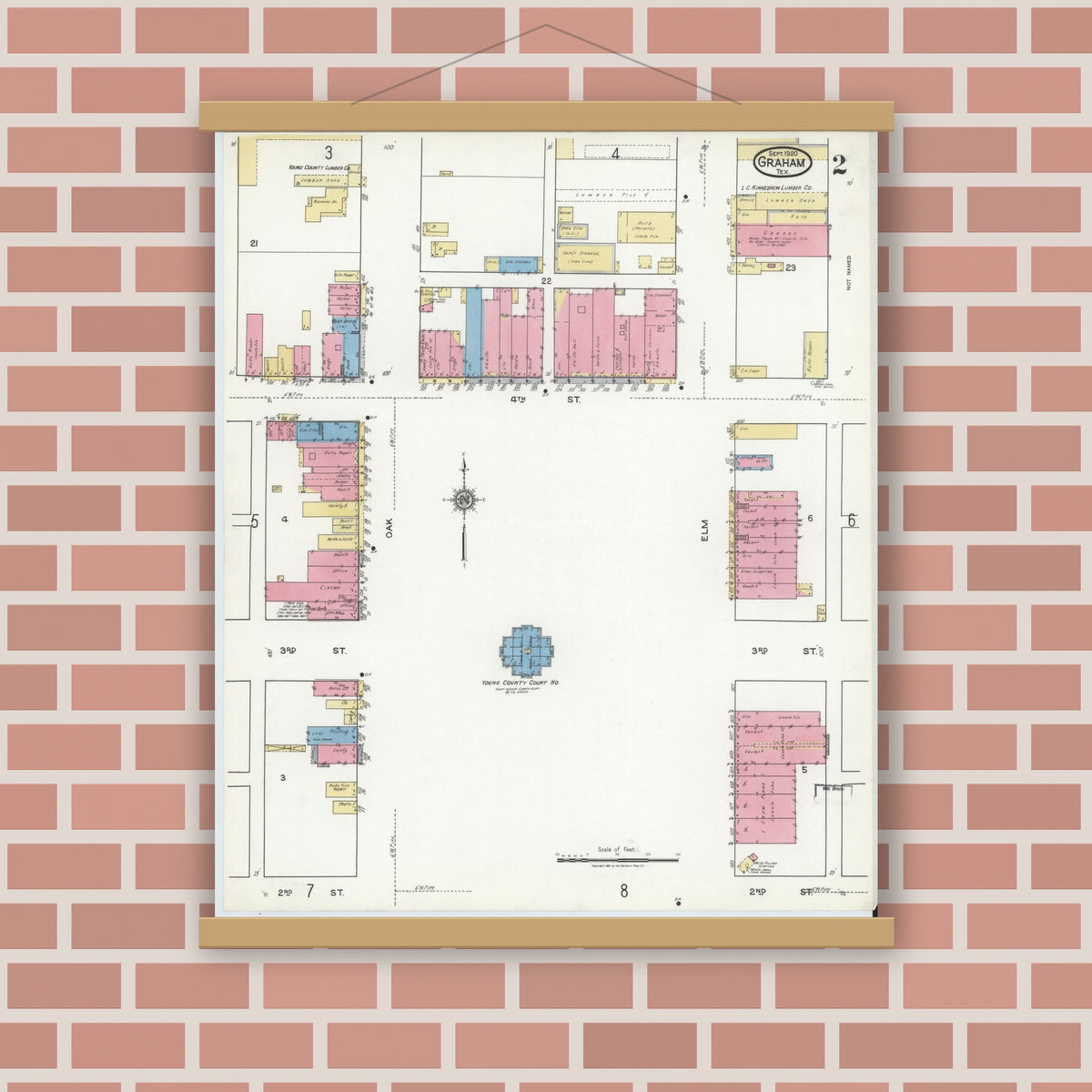 Old map wall art mockup — magnetic wood frame on brick wall — Sanborn Fire Insurance Map from Graham, Young County, Texas (1920), Sheet #0002