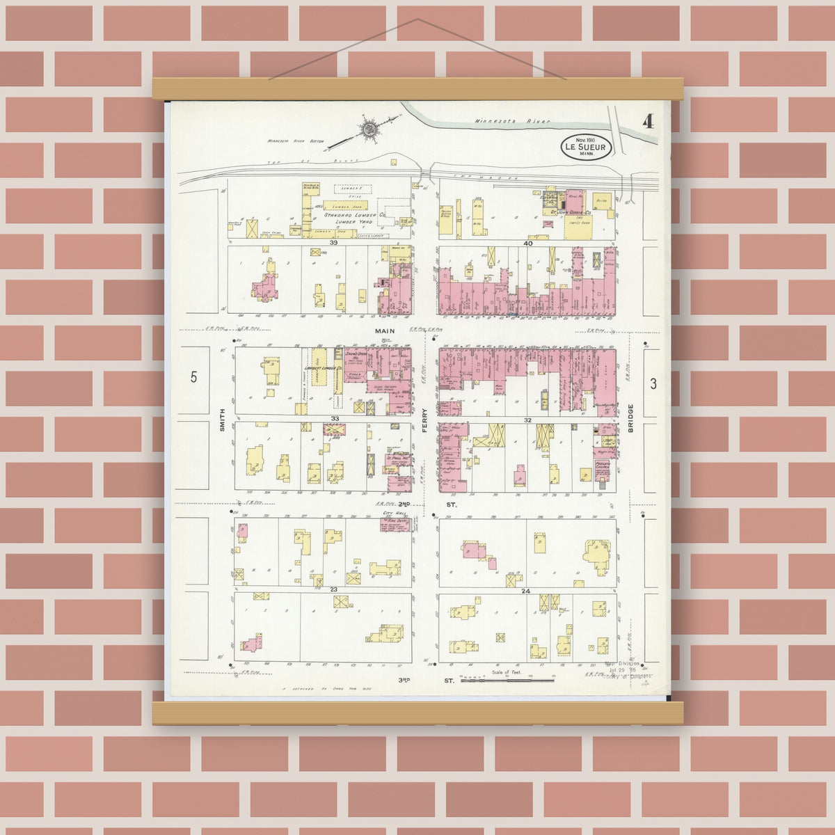 Old map wall art mockup — magnetic wood frame on brick wall — Sanborn Fire Insurance Map from Le Sueur, Le Sueur County, Minnesota (1910), Sheet #0004