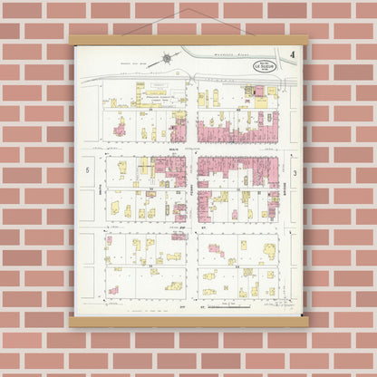 Old map wall art mockup — magnetic wood frame on brick wall — Sanborn Fire Insurance Map from Le Sueur, Le Sueur County, Minnesota (1910), Sheet #0004
