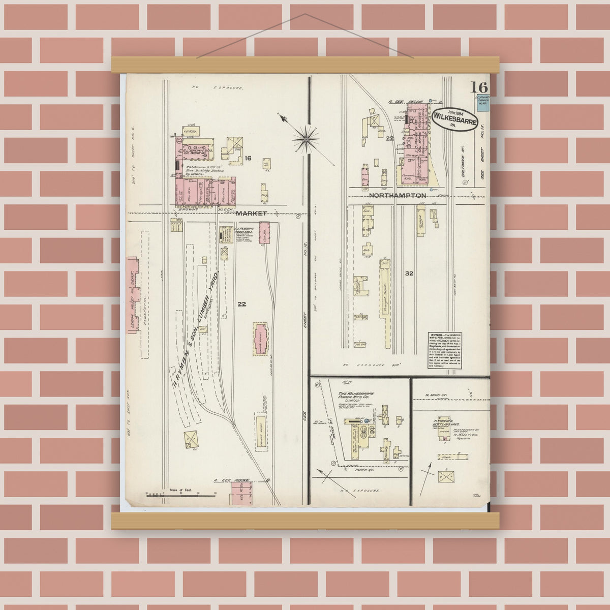 Old map wall art mockup — magnetic wood frame on brick wall — Sanborn Fire Insurance Map from Wilkes Barre, Luzerne County, Pennsylvania (1884), Sheet #0016
