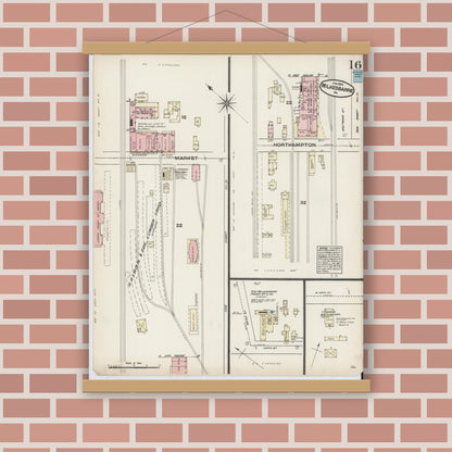 Old map wall art mockup — magnetic wood frame on brick wall — Sanborn Fire Insurance Map from Wilkes Barre, Luzerne County, Pennsylvania (1884), Sheet #0016