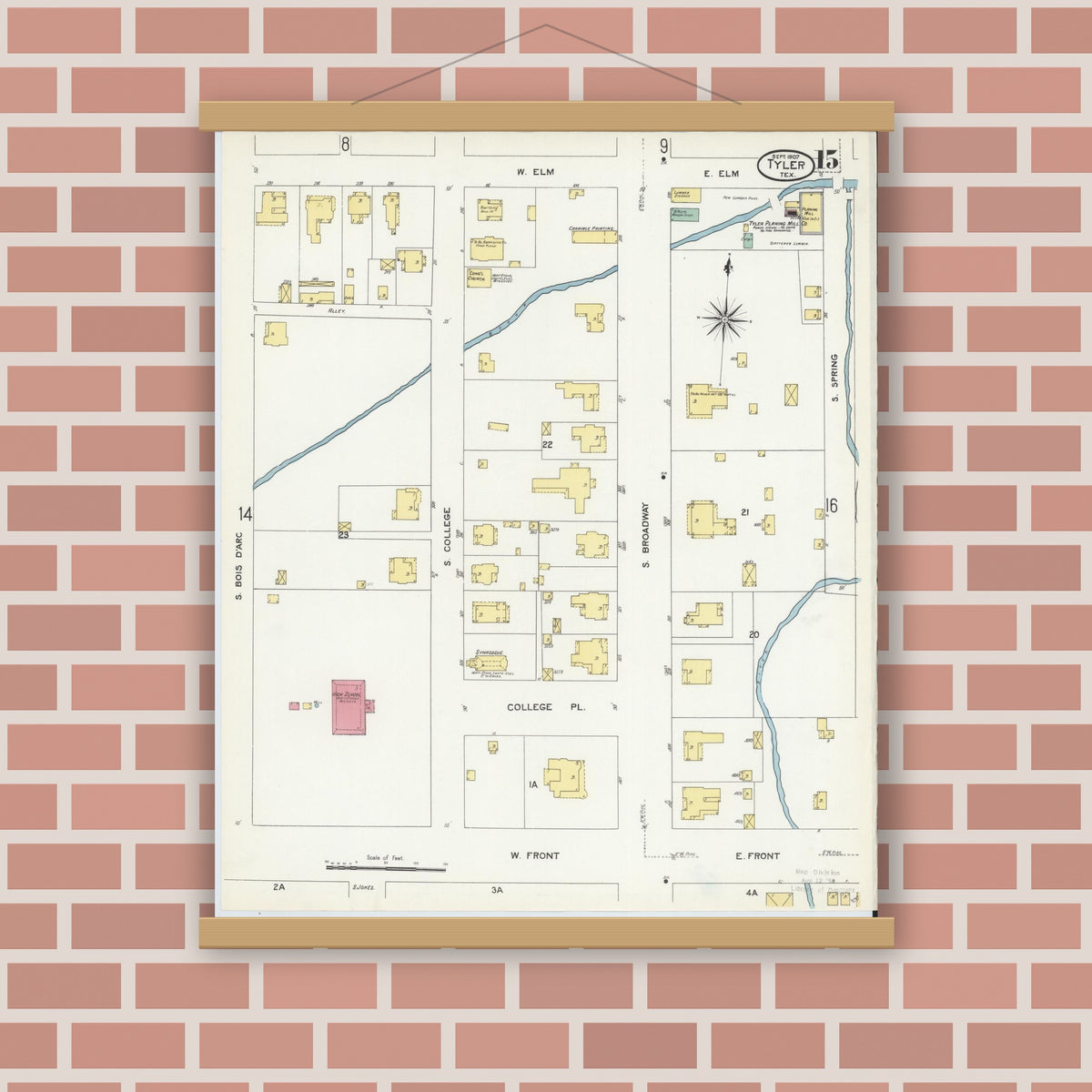 Old map wall art mockup — magnetic wood frame on brick wall — Sanborn Fire Insurance Map from Tyler, Smith County, Texas (1907), Sheet #0015
