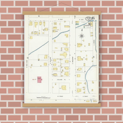 Old map wall art mockup — magnetic wood frame on brick wall — Sanborn Fire Insurance Map from Tyler, Smith County, Texas (1907), Sheet #0015