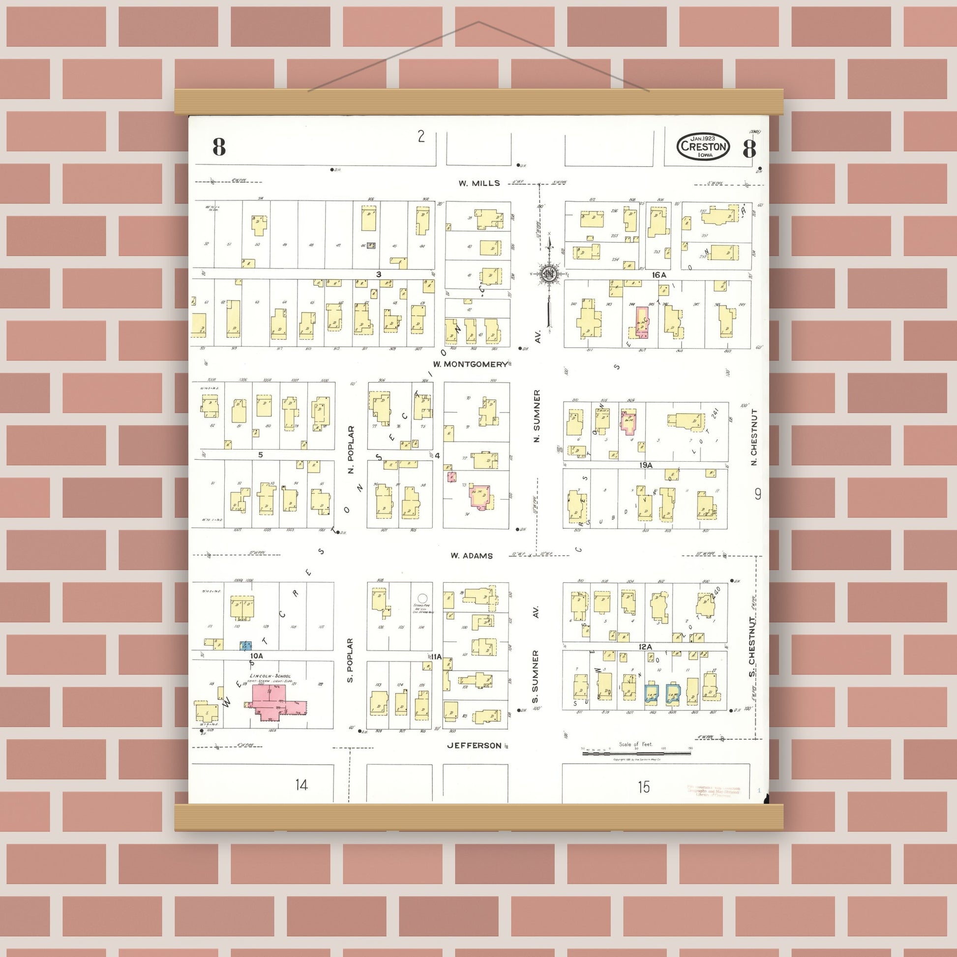 Old map wall art mockup — magnetic wood frame on brick wall — Sanborn Fire Insurance Map from Creston, Union County, Iowa (1923), Sheet #0008