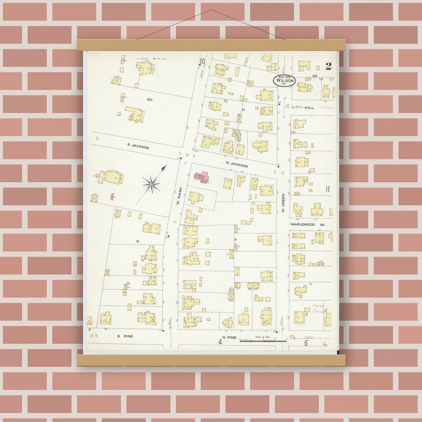 Old map wall art mockup — magnetic wood frame on brick wall — Sanborn Fire Insurance Map from Wilson, Wilson County, North Carolina (1908), Sheet #0002