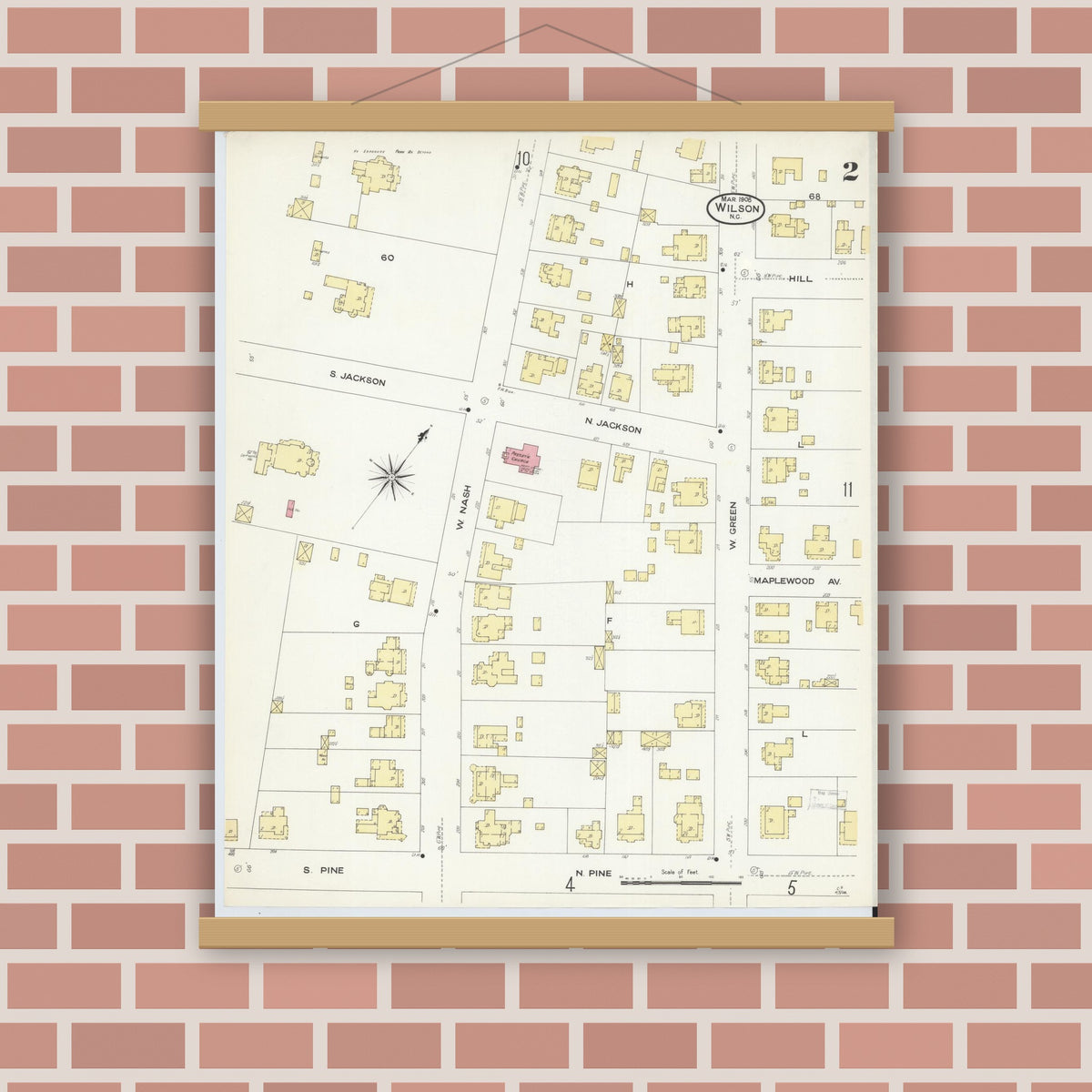 Old map wall art mockup — magnetic wood frame on brick wall — Sanborn Fire Insurance Map from Wilson, Wilson County, North Carolina (1908), Sheet #0002