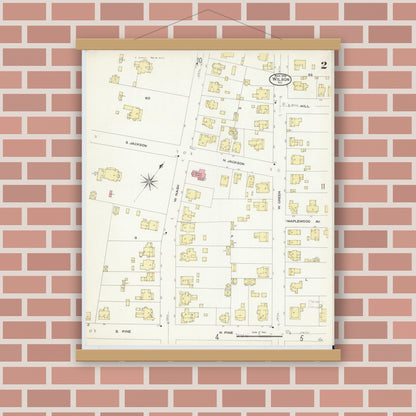 Old map wall art mockup — magnetic wood frame on brick wall — Sanborn Fire Insurance Map from Wilson, Wilson County, North Carolina (1908), Sheet #0002