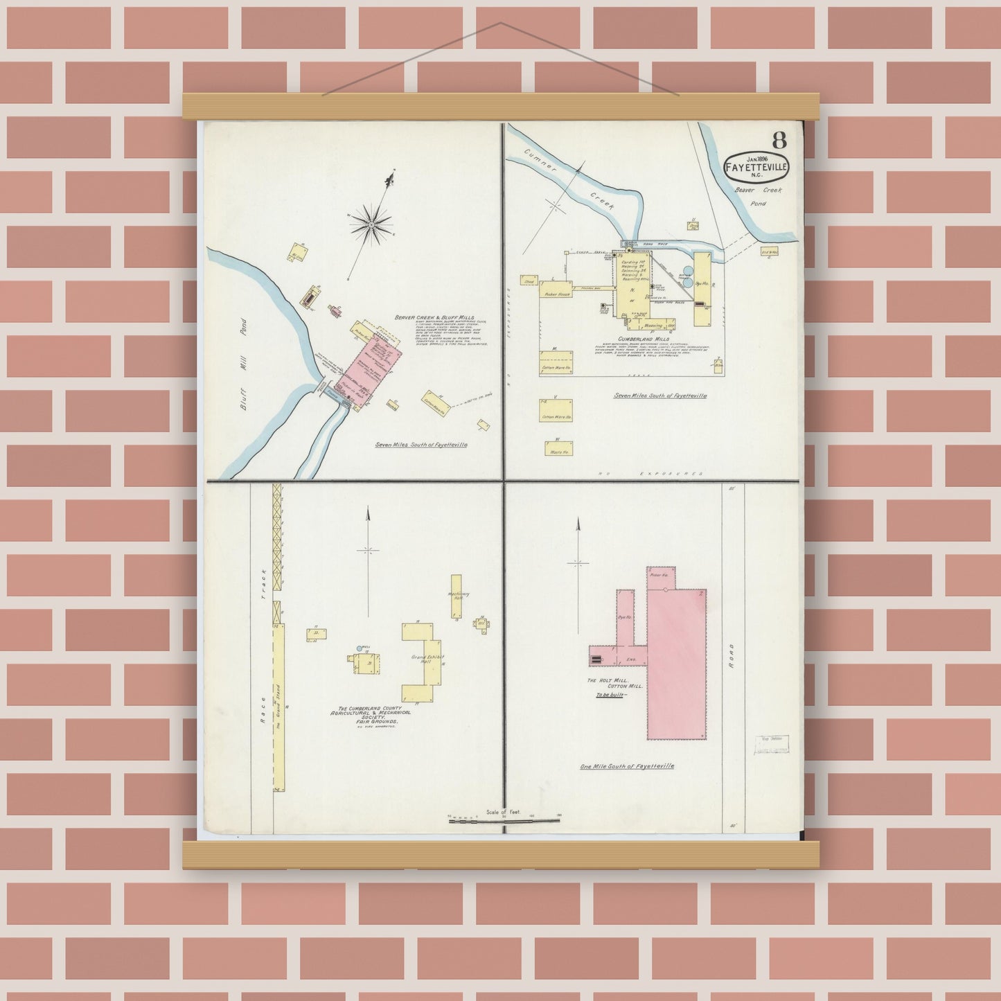 Old map wall art mockup — magnetic wood frame on brick wall — Sanborn Fire Insurance Map from Fayetteville, Cumberland County, North Carolina (1896), Sheet #0008