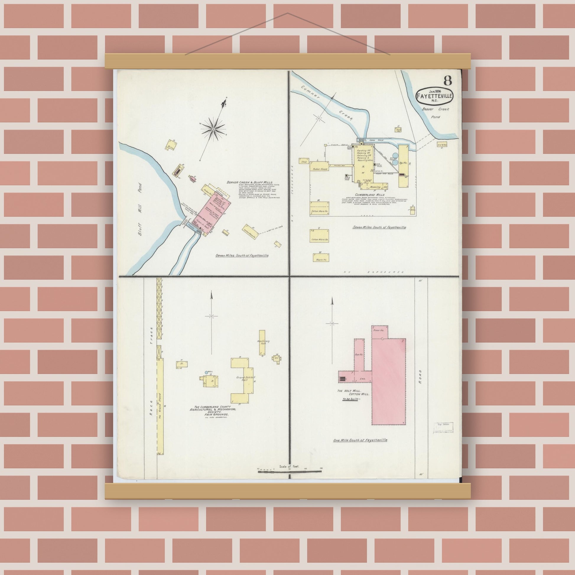 Old map wall art mockup — magnetic wood frame on brick wall — Sanborn Fire Insurance Map from Fayetteville, Cumberland County, North Carolina (1896), Sheet #0008