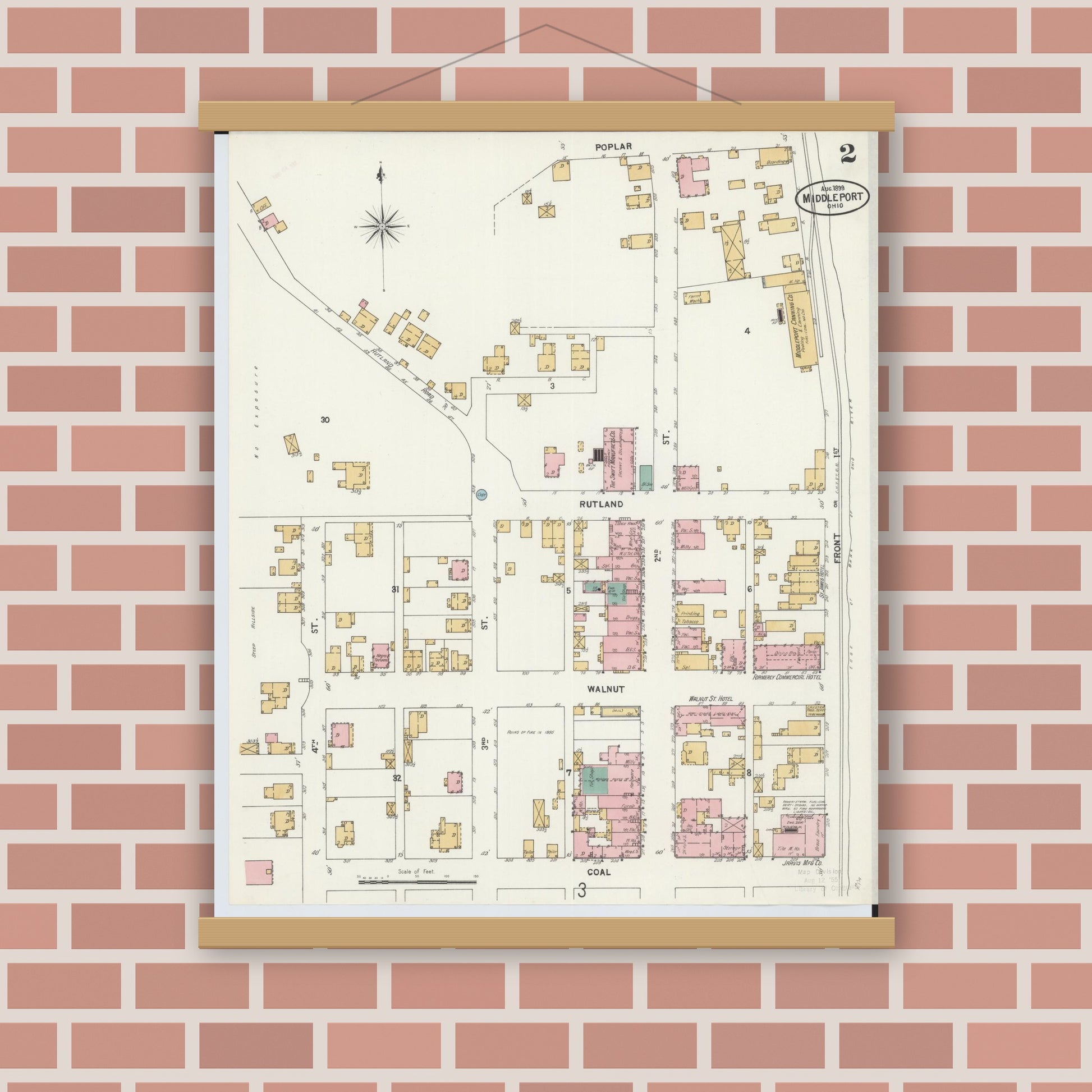 Old map wall art mockup — magnetic wood frame on brick wall — Sanborn Fire Insurance Map from Middleport, Meigs County, Ohio (1899), Sheet #0002