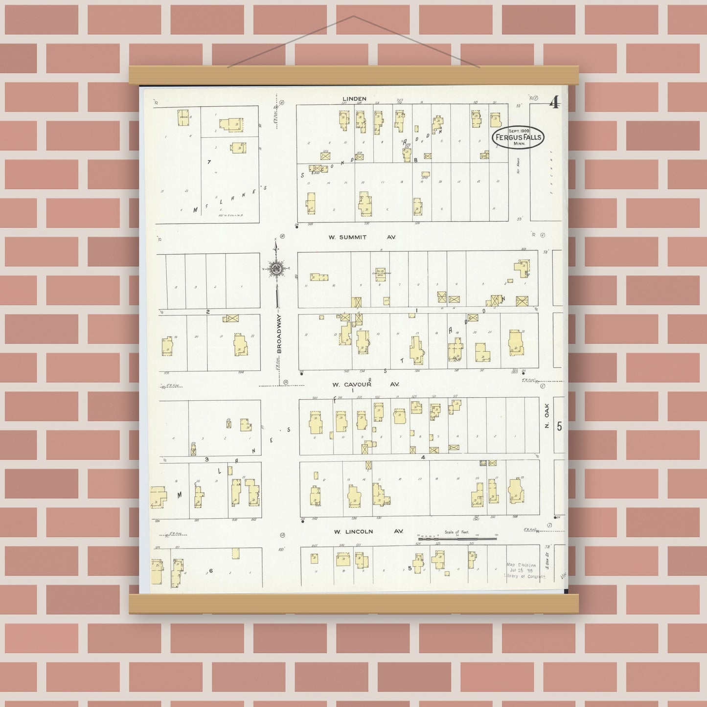 Old map wall art mockup — magnetic wood frame on brick wall — Sanborn Fire Insurance Map from Fergus Falls, Otter Tail County, Minnesota (1909), Sheet #0004