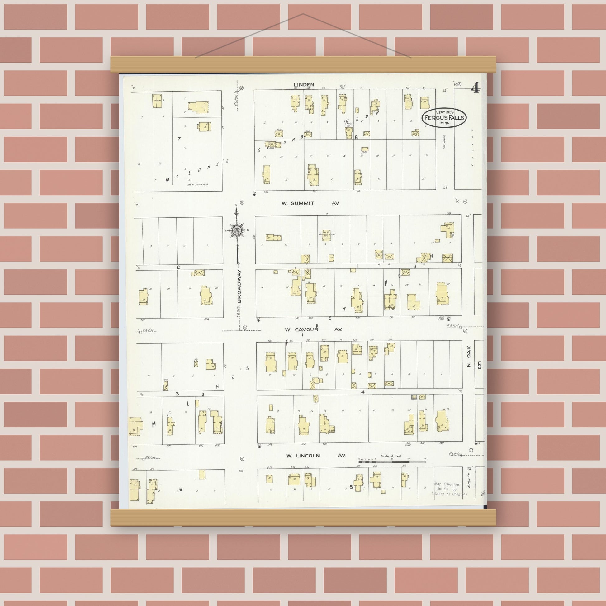 Old map wall art mockup — magnetic wood frame on brick wall — Sanborn Fire Insurance Map from Fergus Falls, Otter Tail County, Minnesota (1909), Sheet #0004