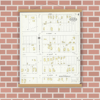 Old map wall art mockup — magnetic wood frame on brick wall — Sanborn Fire Insurance Map from Fergus Falls, Otter Tail County, Minnesota (1909), Sheet #0004