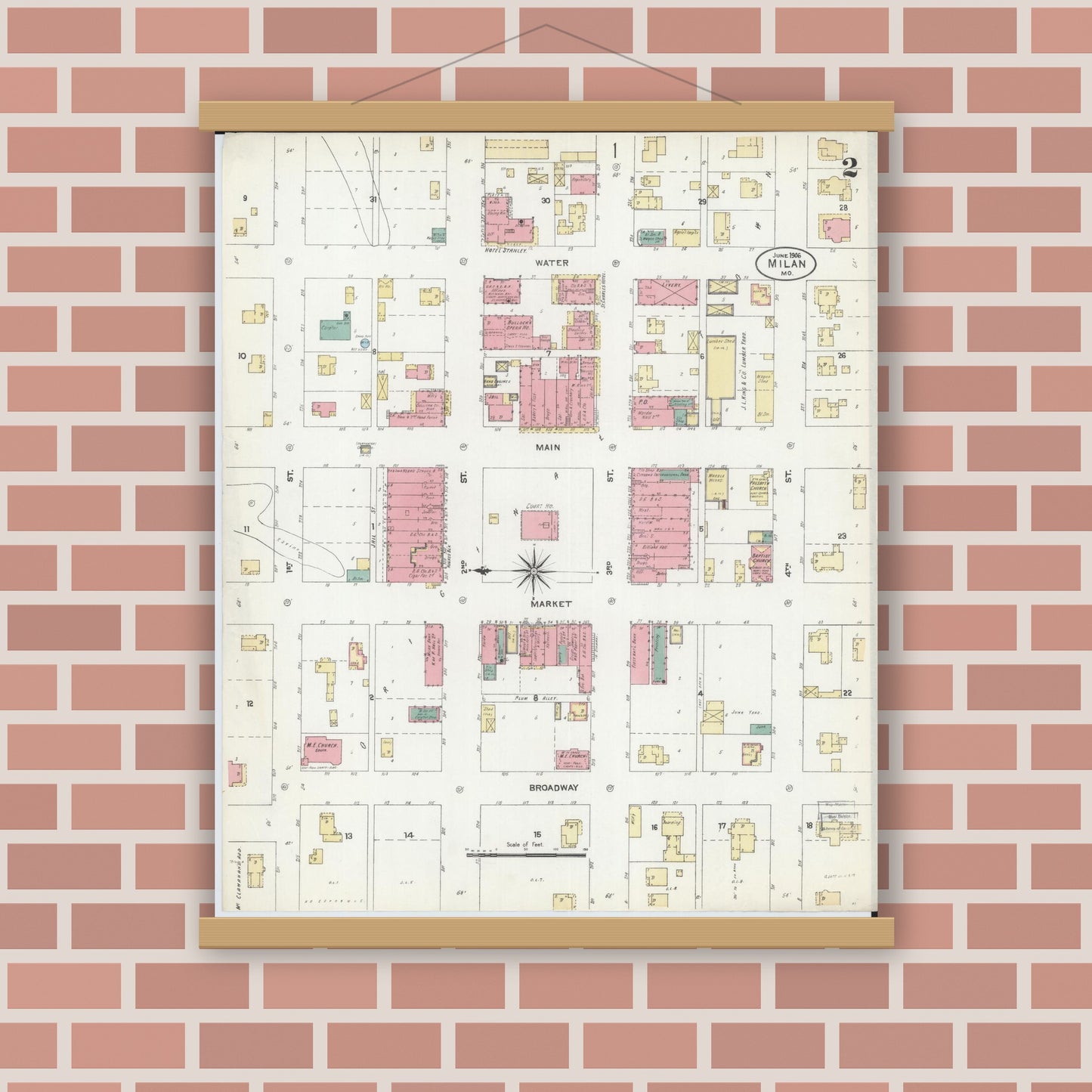 Old map wall art mockup — magnetic wood frame on brick wall — Sanborn Fire Insurance Map from Milan, Sullivan County, Missouri (1906), Sheet #0002