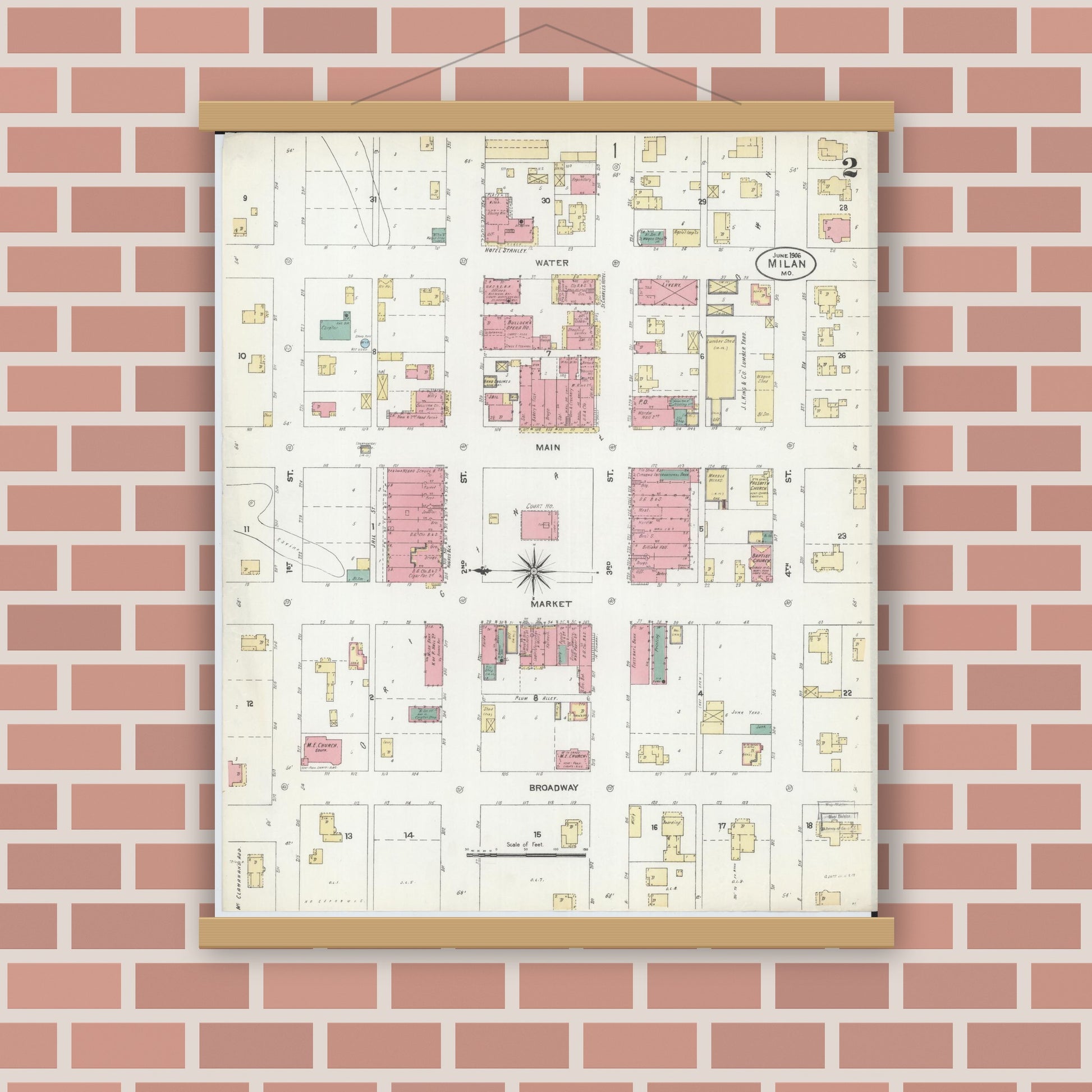 Old map wall art mockup — magnetic wood frame on brick wall — Sanborn Fire Insurance Map from Milan, Sullivan County, Missouri (1906), Sheet #0002