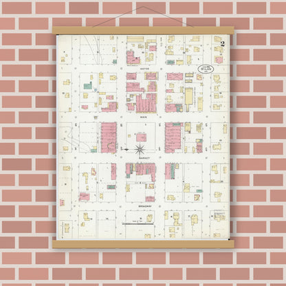 Old map wall art mockup — magnetic wood frame on brick wall — Sanborn Fire Insurance Map from Milan, Sullivan County, Missouri (1906), Sheet #0002