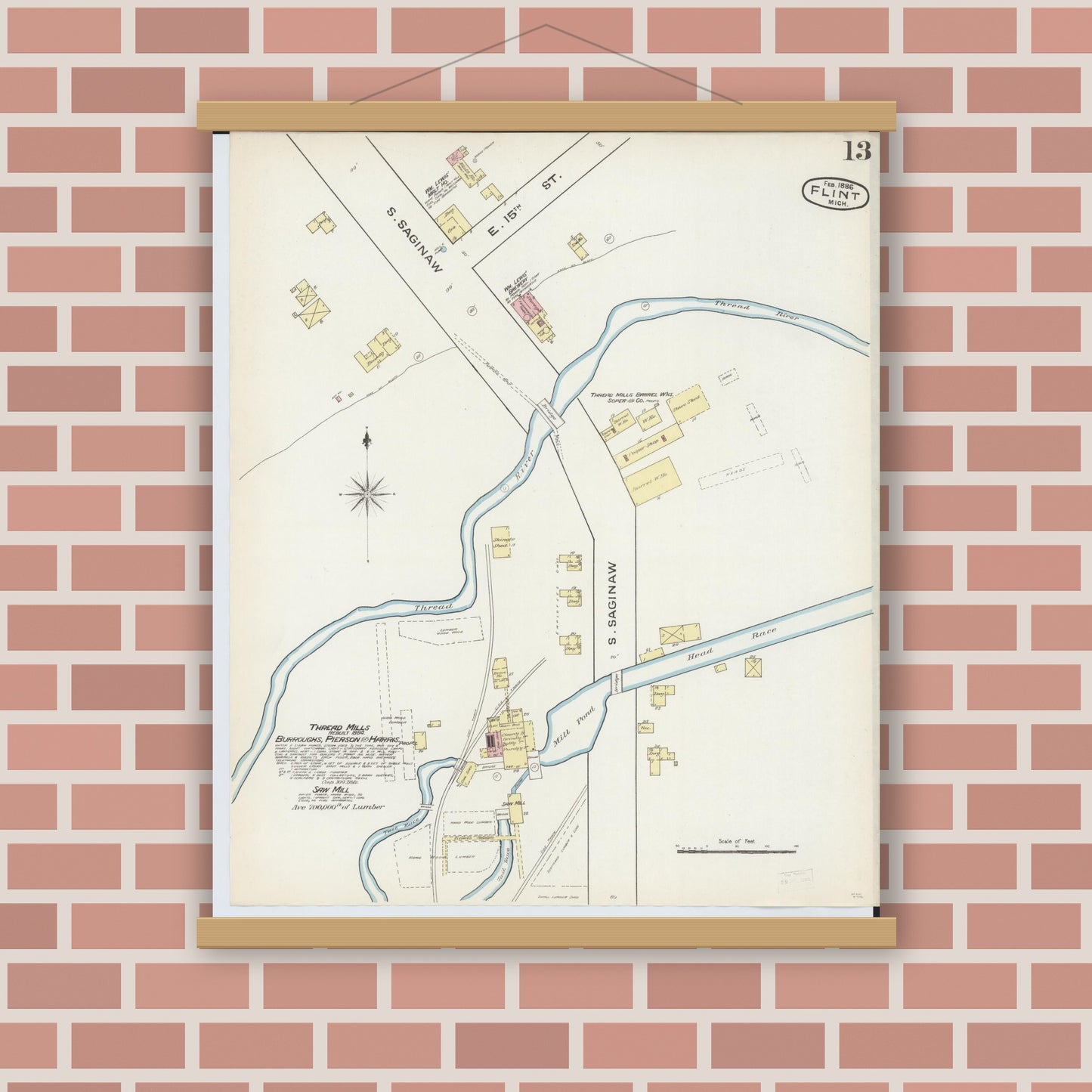 Old map wall art mockup — magnetic wood frame on brick wall — Sanborn Fire Insurance Map from Flint, Genesee County, Michigan (1886), Sheet #0013