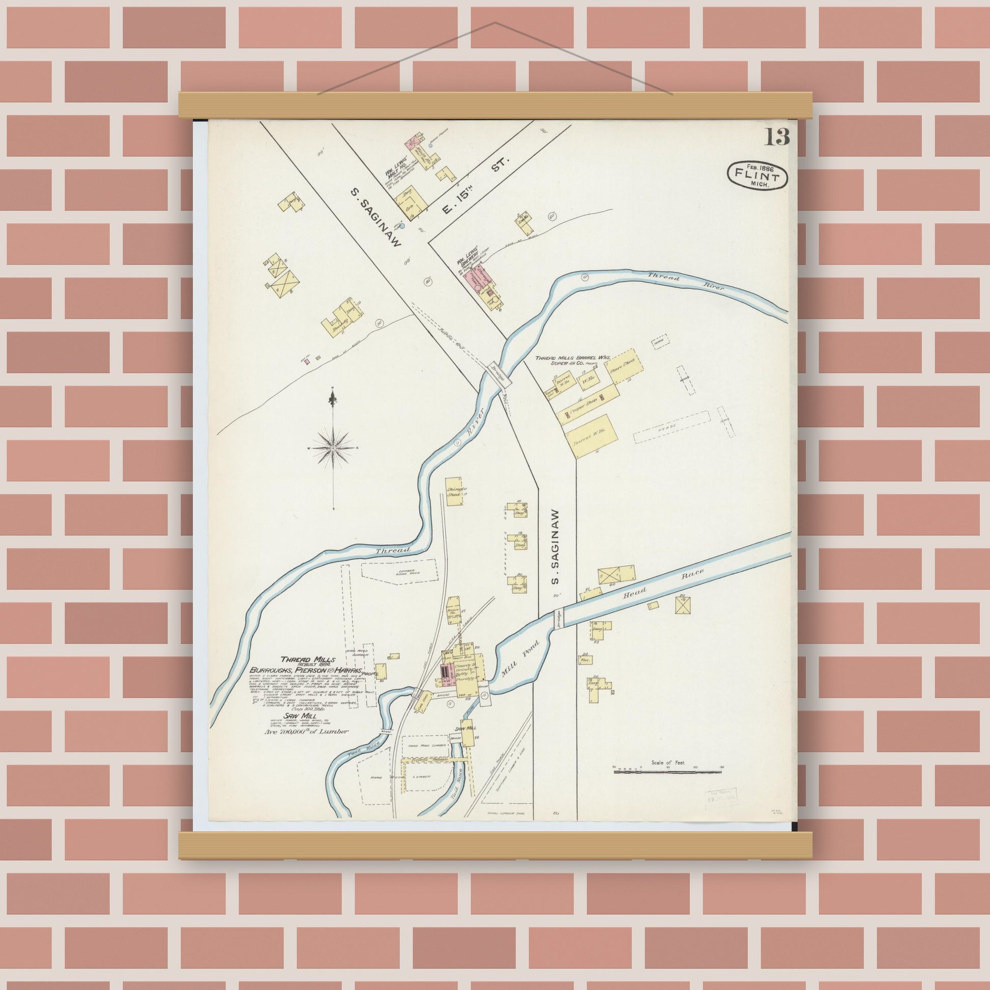 Old map wall art mockup — magnetic wood frame on brick wall — Sanborn Fire Insurance Map from Flint, Genesee County, Michigan (1886), Sheet #0013