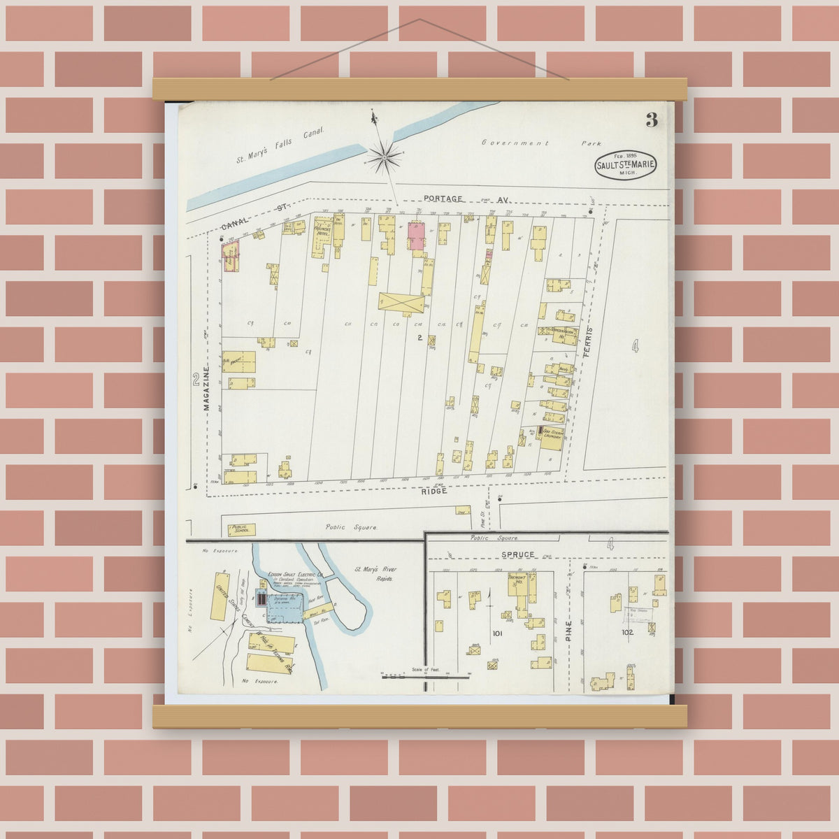 Old map wall art mockup — magnetic wood frame on brick wall — Sanborn Fire Insurance Map from Sault Sainte Marie, Chippewa County, Michigan (1895), Sheet #0003