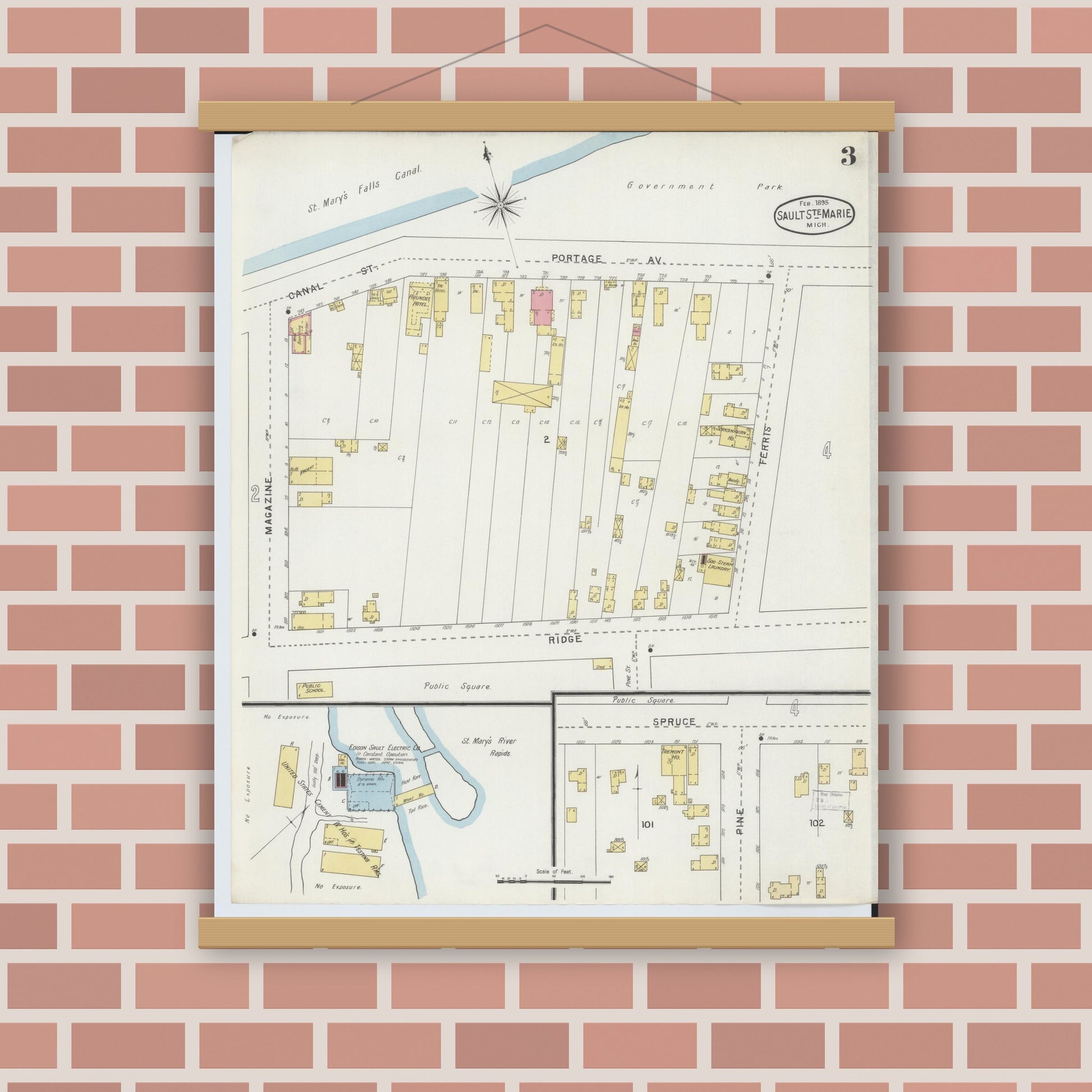 Old map wall art mockup — magnetic wood frame on brick wall — Sanborn Fire Insurance Map from Sault Sainte Marie, Chippewa County, Michigan (1895), Sheet #0003