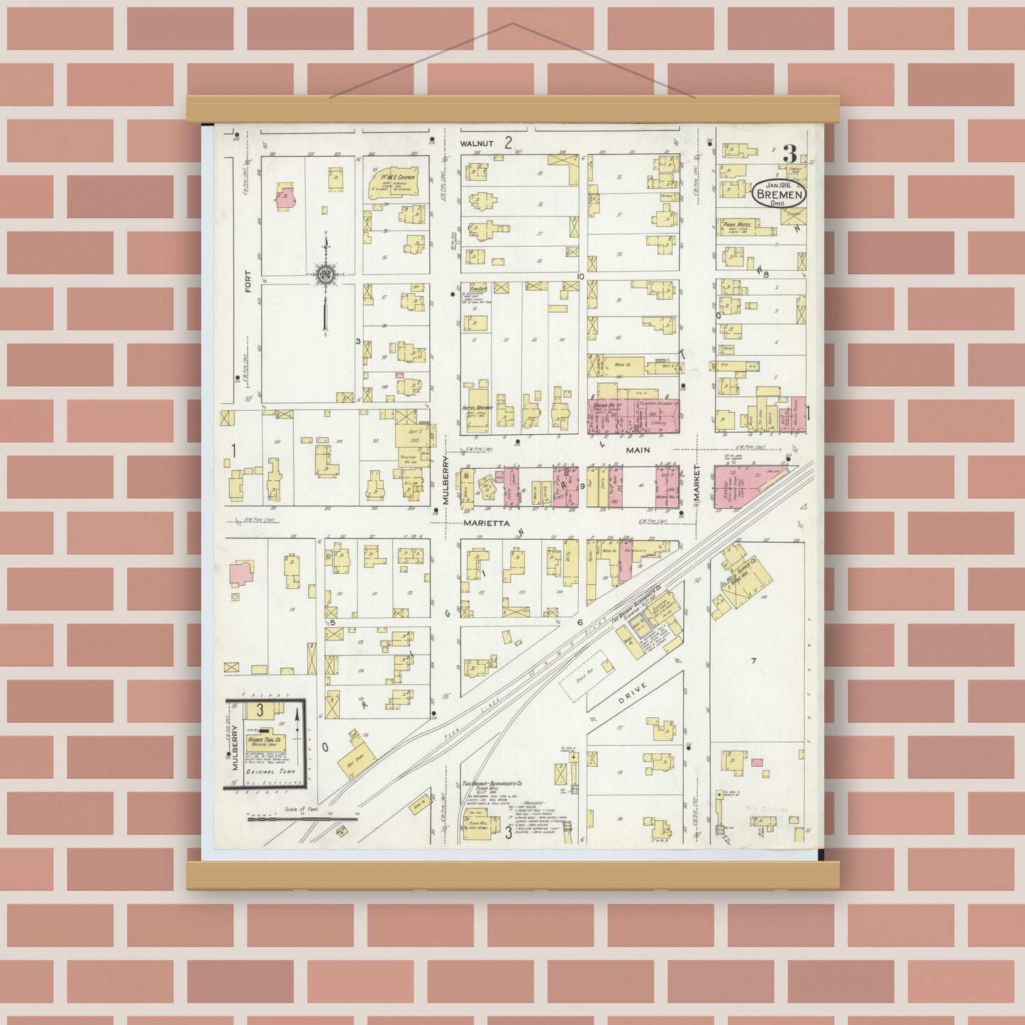 Old map wall art mockup — magnetic wood frame on brick wall — Sanborn Fire Insurance Map from Bremen, Fairfield County, Ohio (1916), Sheet #0003