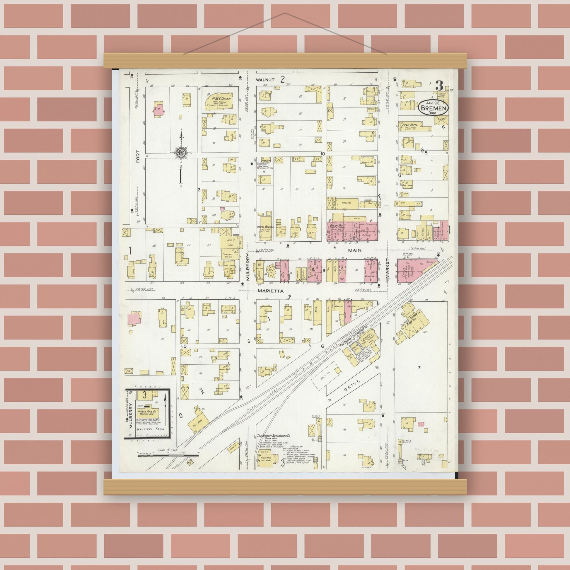 Old map wall art mockup — magnetic wood frame on brick wall — Sanborn Fire Insurance Map from Bremen, Fairfield County, Ohio (1916), Sheet #0003