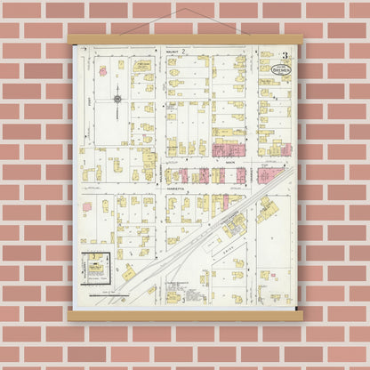 Old map wall art mockup — magnetic wood frame on brick wall — Sanborn Fire Insurance Map from Bremen, Fairfield County, Ohio (1916), Sheet #0003