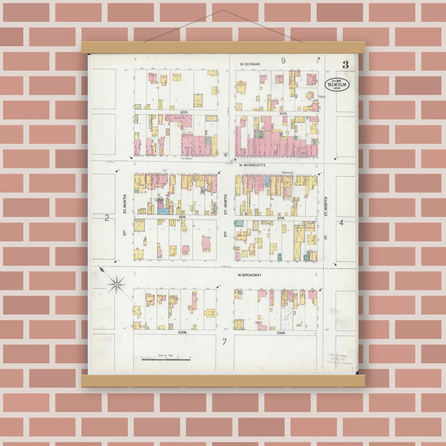 Old map wall art mockup — magnetic wood frame on brick wall — Sanborn Fire Insurance Map from New Ulm, Brown County, Minnesota (1899), Sheet #0003