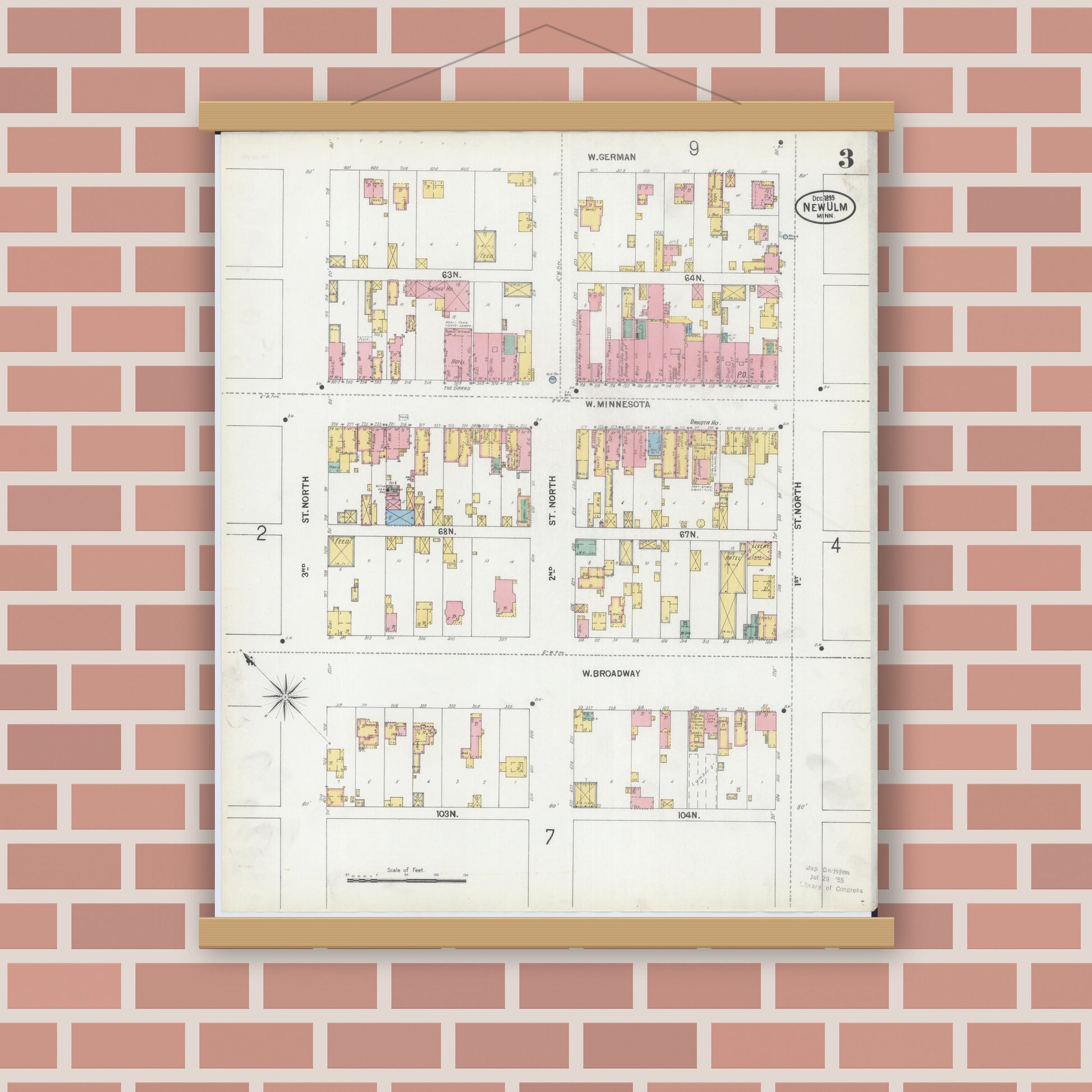 Old map wall art mockup — magnetic wood frame on brick wall — Sanborn Fire Insurance Map from New Ulm, Brown County, Minnesota (1899), Sheet #0003