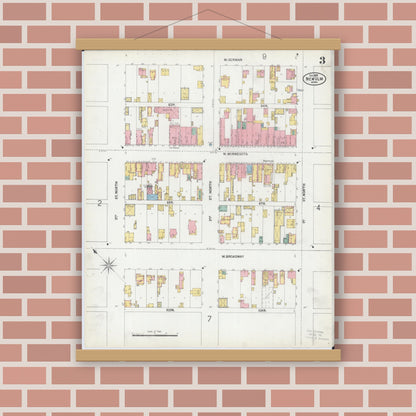 Old map wall art mockup — magnetic wood frame on brick wall — Sanborn Fire Insurance Map from New Ulm, Brown County, Minnesota (1899), Sheet #0003