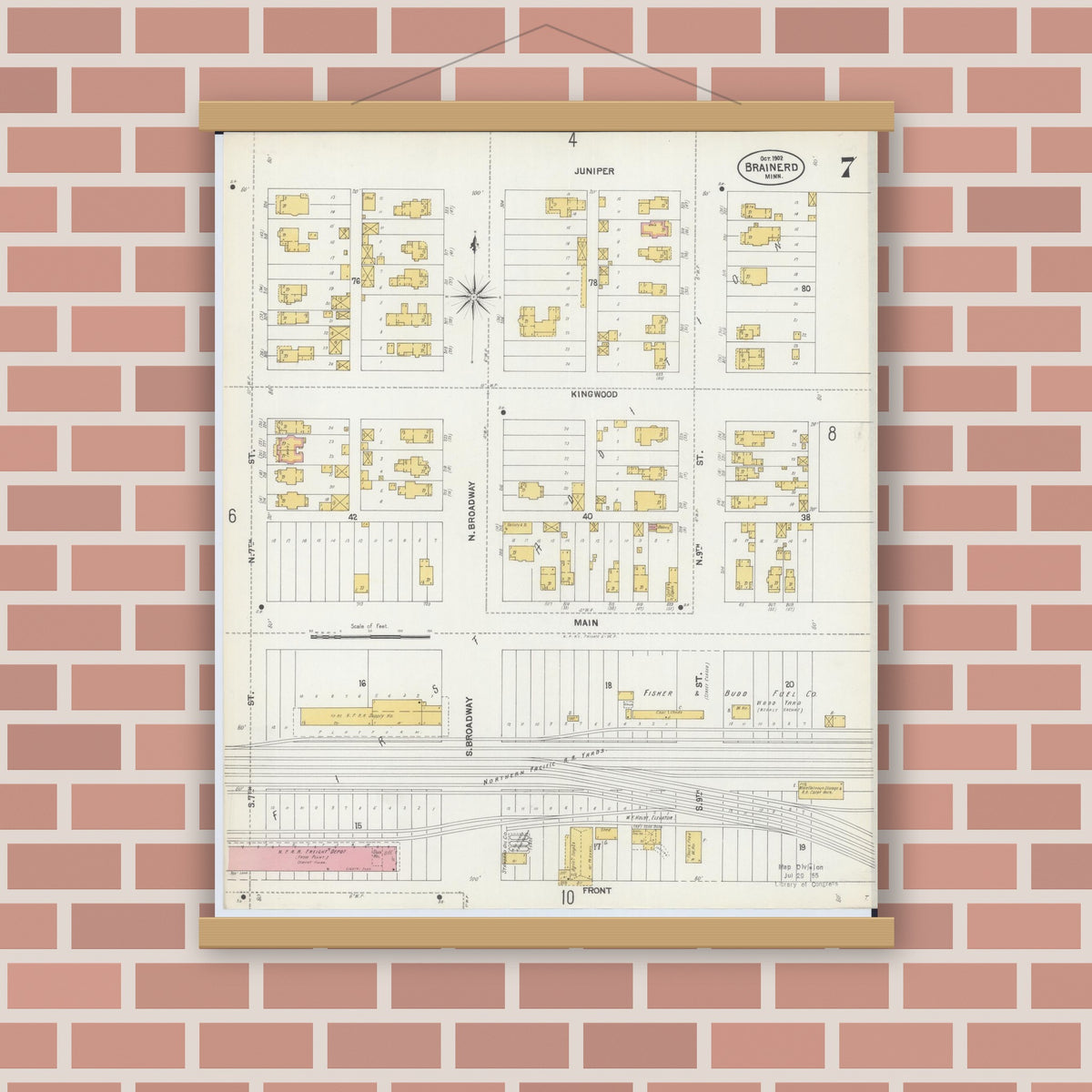 Old map wall art mockup — magnetic wood frame on brick wall — Sanborn Fire Insurance Map from Brainerd, Crow Wing County, Minnesota (1902), Sheet #0007