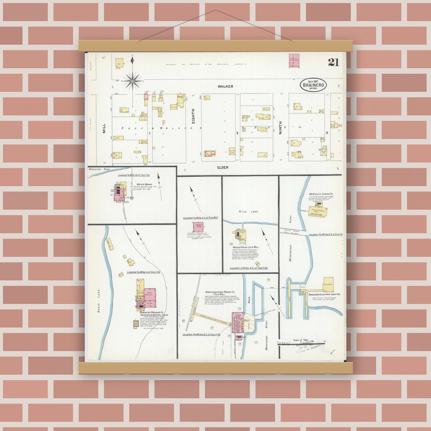 Old map wall art mockup — magnetic wood frame on brick wall — Sanborn Fire Insurance Map from Brainerd, Crow Wing County, Minnesota (1907), Sheet #0021