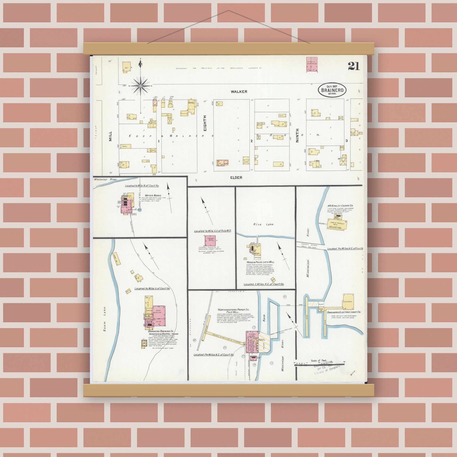 Old map wall art mockup — magnetic wood frame on brick wall — Sanborn Fire Insurance Map from Brainerd, Crow Wing County, Minnesota (1907), Sheet #0021