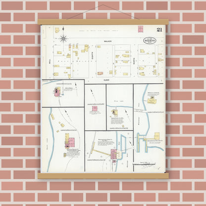 Old map wall art mockup — magnetic wood frame on brick wall — Sanborn Fire Insurance Map from Brainerd, Crow Wing County, Minnesota (1907), Sheet #0021