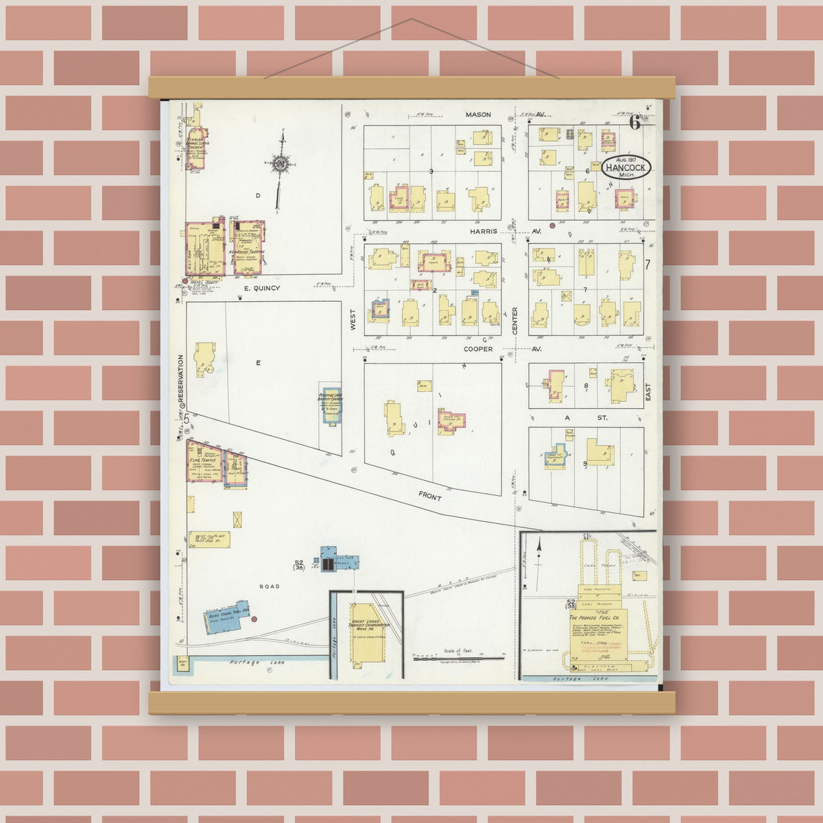 Old map wall art mockup — magnetic wood frame on brick wall — Sanborn Fire Insurance Map from Hancock, Houghton County, Michigan (1917), Sheet #0006