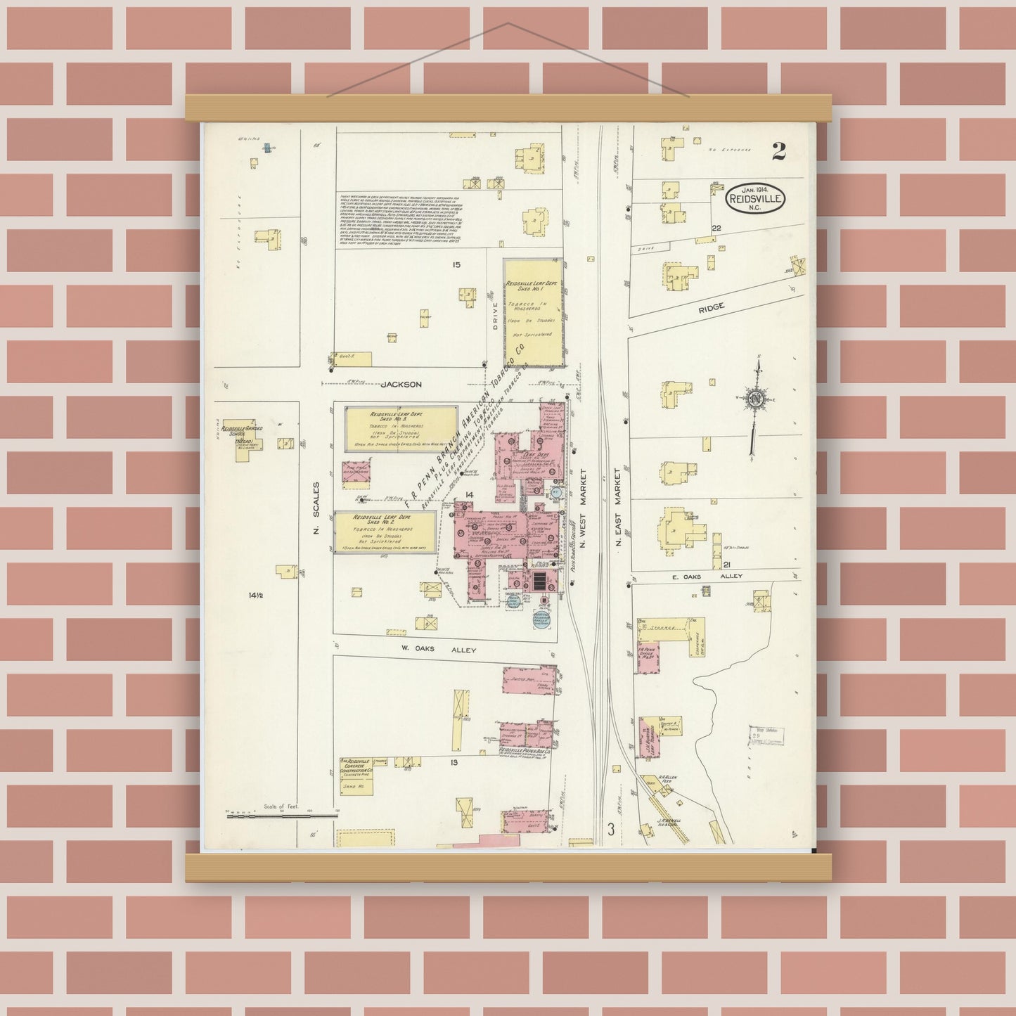 Old map wall art mockup — magnetic wood frame on brick wall — Sanborn Fire Insurance Map from Reidsville, Rockingham County, North Carolina (1914), Sheet #0002