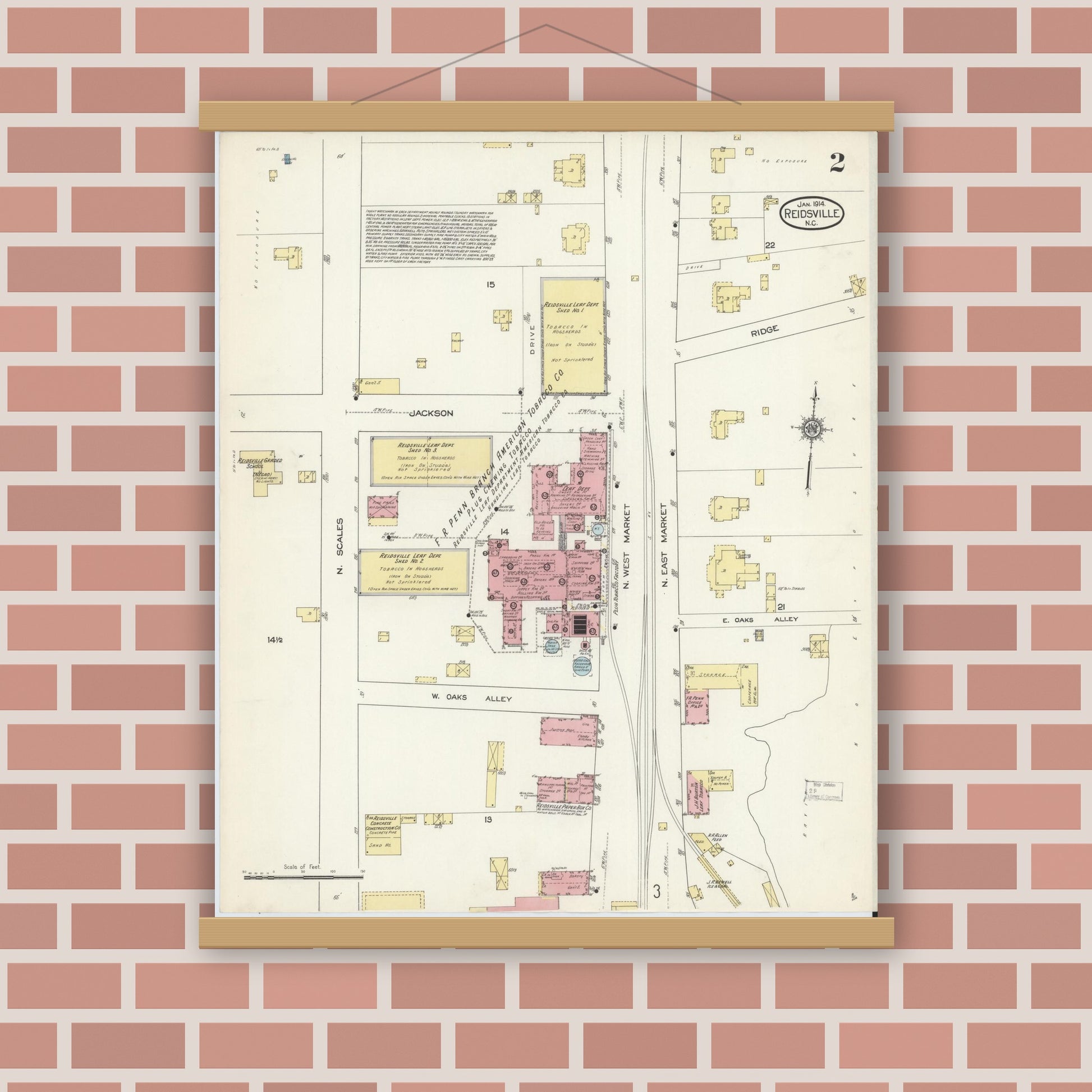 Old map wall art mockup — magnetic wood frame on brick wall — Sanborn Fire Insurance Map from Reidsville, Rockingham County, North Carolina (1914), Sheet #0002