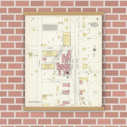 Old map wall art mockup — magnetic wood frame on brick wall — Sanborn Fire Insurance Map from Reidsville, Rockingham County, North Carolina (1914), Sheet #0002