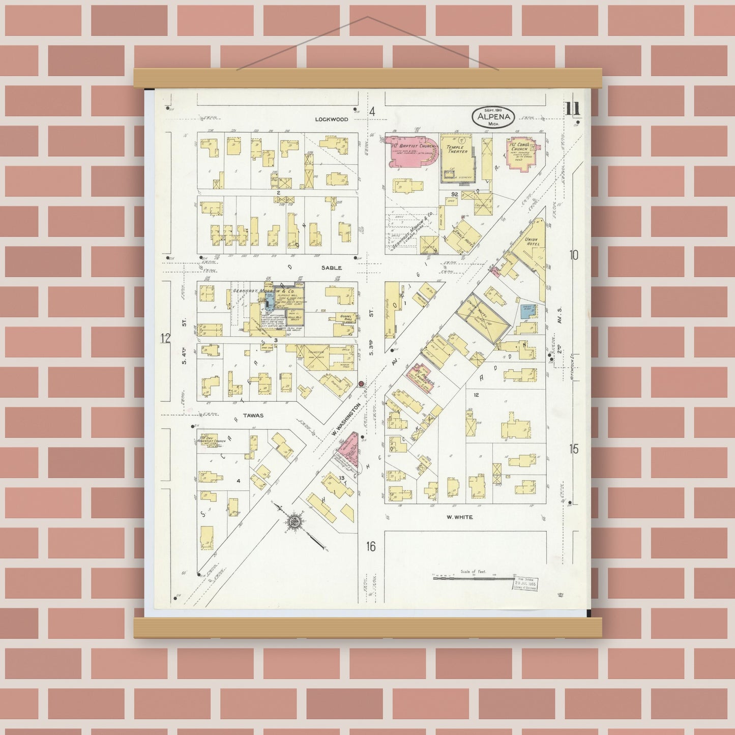 Old map wall art mockup — magnetic wood frame on brick wall — Sanborn Fire Insurance Map from Alpena, Alpena County, Michigan (1910), Sheet #0011