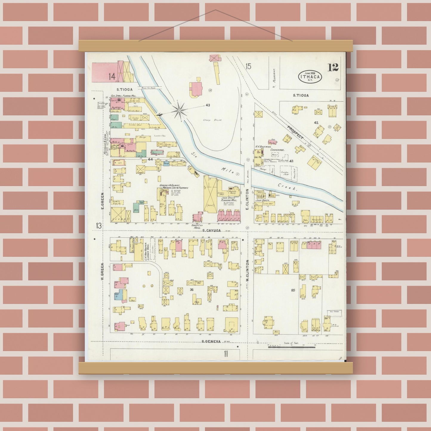 Old map wall art mockup — magnetic wood frame on brick wall — Sanborn Fire Insurance Map from Ithaca, Tompkins County, New York (1898), Sheet #0012