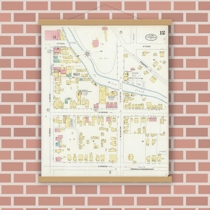 Old map wall art mockup — magnetic wood frame on brick wall — Sanborn Fire Insurance Map from Ithaca, Tompkins County, New York (1898), Sheet #0012