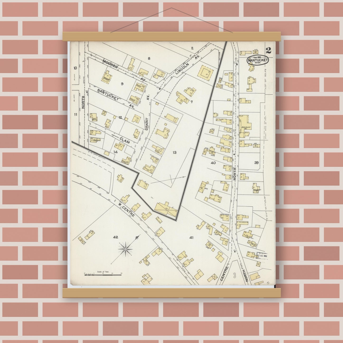 Old map wall art mockup — magnetic wood frame on brick wall — Sanborn Fire Insurance Map from Nantucket, Nantucket County, Massachusetts (1892), Sheet #0002