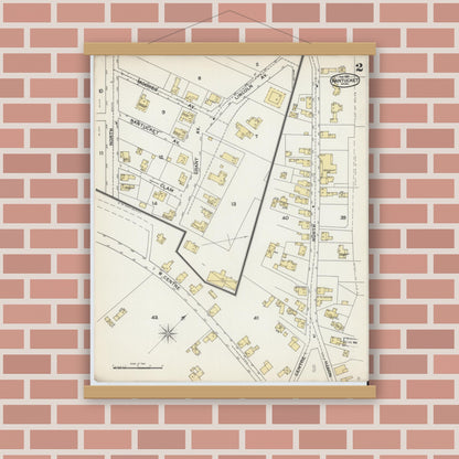 Old map wall art mockup — magnetic wood frame on brick wall — Sanborn Fire Insurance Map from Nantucket, Nantucket County, Massachusetts (1892), Sheet #0002