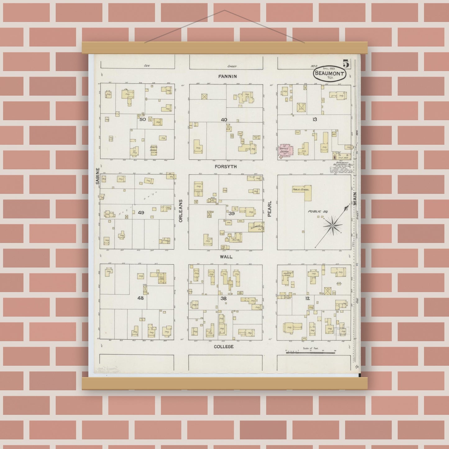 Old map wall art mockup — magnetic wood frame on brick wall — Sanborn Fire Insurance Map from Beaumont, Jefferson County, Texas (1889), Sheet #0005