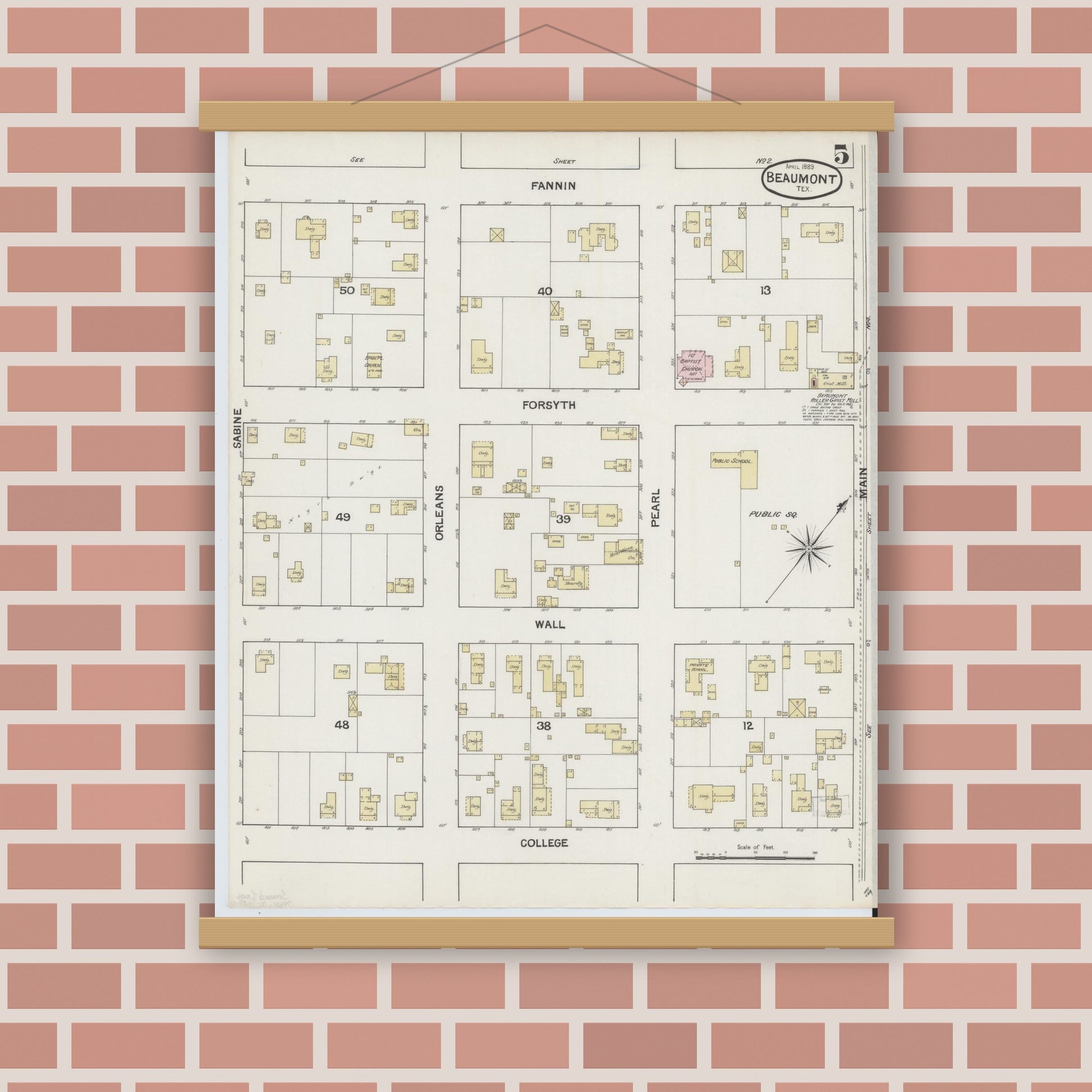 Old map wall art mockup — magnetic wood frame on brick wall — Sanborn Fire Insurance Map from Beaumont, Jefferson County, Texas (1889), Sheet #0005