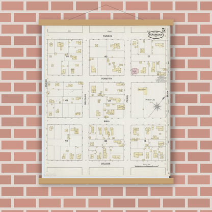Old map wall art mockup — magnetic wood frame on brick wall — Sanborn Fire Insurance Map from Beaumont, Jefferson County, Texas (1889), Sheet #0005